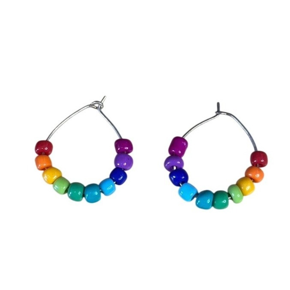 Rainbow Beaded Hoop Earrings Multicolor Pride Boho Teardrop Silver Tone Hooks